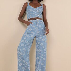 Lulus Poised Premise Medium Wash Floral Jacquard Wide-leg Jeans Blue - Size M